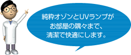 純粋オゾンとUVランプがお部屋の隅々まで、清潔で快適に